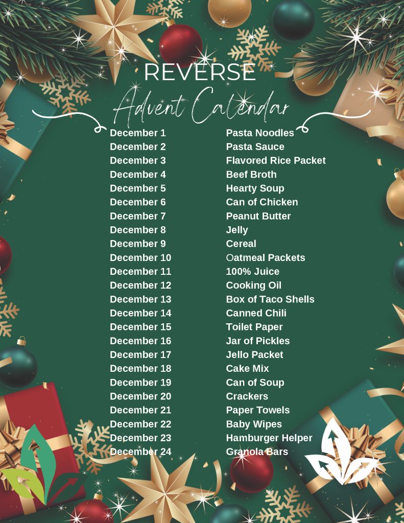 Reverse Advent Calendar December 1 -24 with donation ideas for each day.